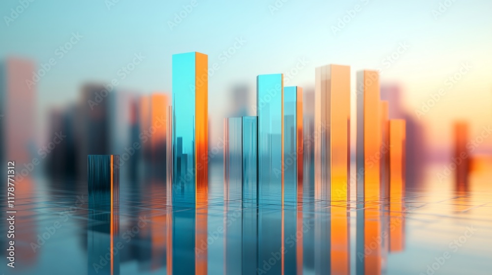 Poster a dynamic bar graph with tall, shiny bars in blue and orange, standing on a reflective grid, symboli