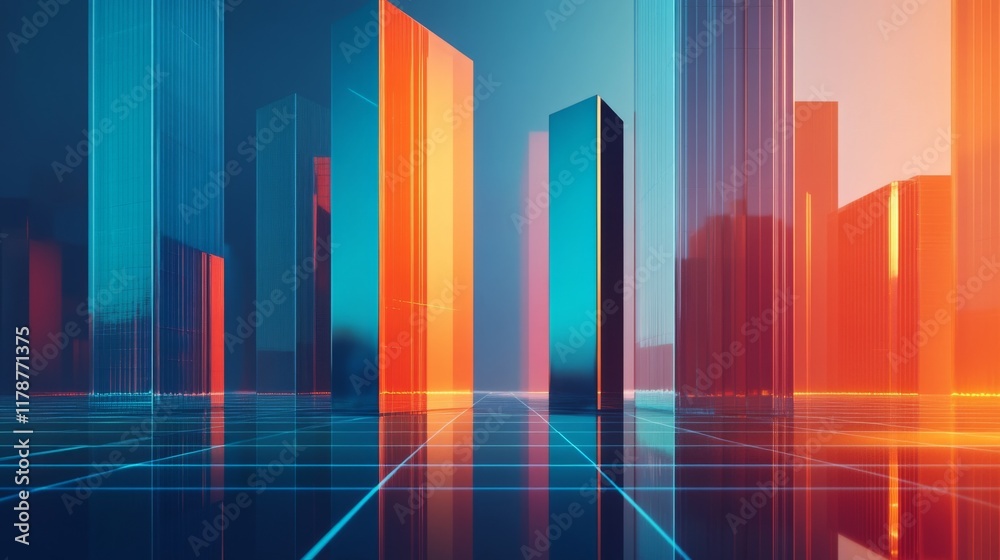 Poster a dynamic bar graph with tall, shiny bars in blue and orange, standing on a reflective grid, symboli