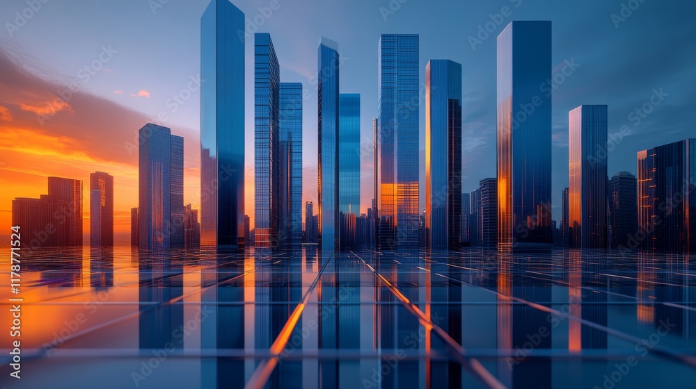 Poster a dynamic bar graph with tall, shiny bars in blue and orange, standing on a reflective grid, symboli