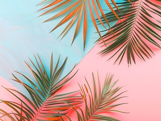 Elegant palm leaves on a bright pink and blue backdrop, creating a minimal summer aesthetic, top view.