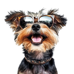 Cute Happy Yorkshire Terrier Wearing Sunglasses for Pet Fashion Promotion on transparent background.