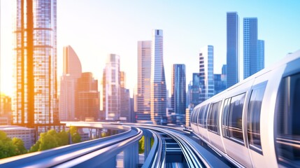 A futuristic cityscape with a monorail traveling through modern skyscrapers at sunset.