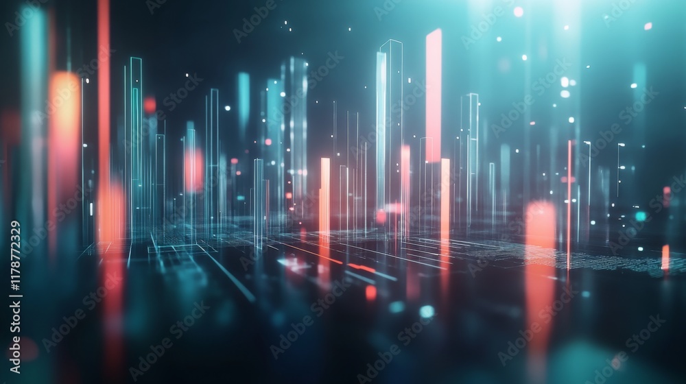 Aufkleber A financial bar chart with translucent bars in ascending order, placed on a dark, sleek background with glowing data points floating around