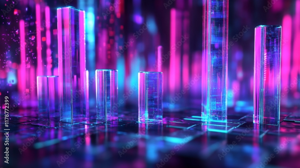 Aufkleber A financial bar chart with translucent bars in ascending order, placed on a dark, sleek background with glowing data points floating around