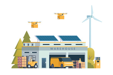 Fototapeta premium Warehouse Building with Green Sustainable Concept, Packed with Logistic Elements like Delivery Truck, Drones, and Electric Cars. Editable Vector Element on White Background