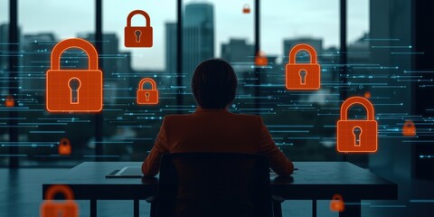 Data security measures in modern business office environment digital content urban view cybersecurity concept