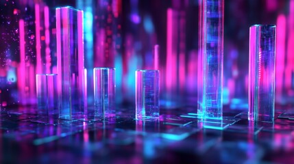 A financial bar chart with translucent bars in ascending order, placed on a dark, sleek background with glowing data points floating around