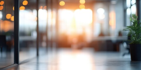 Abstract Blurred Office Interior with Natural Light and Green Plant in a Modern Work Environment
