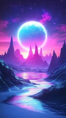 Fototapeta premium A massive, glowing blue moon dominates the sky above otherworldly peaks and a tranquil river. Perfect for sci-fi, fantasy. Phone wallpaper.