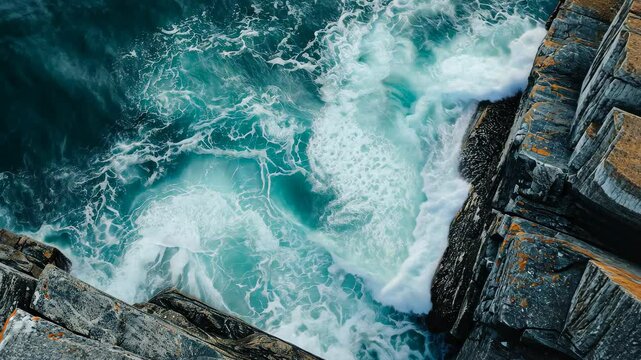 Majestic View of the Ocean From a Cliff, Striking top view of raging sea waves shattering against sharp rocks