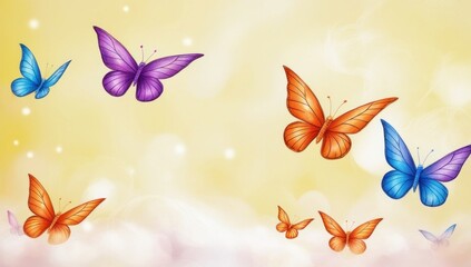 Colorful flying butterflies. Spring and summer insects above a soft white mist on bokeh background