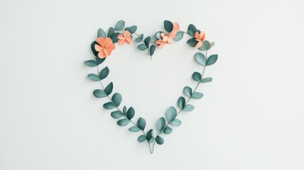 Naklejka premium Valentine's Day background mock-up Concept. Heart-shaped floral arrangement with greenery and flowers on a light background.