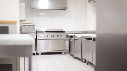 Commercial Kitchen: A sleek and modern commercial kitchen showcasing professional-grade stainless steel appliances and equipment. The kitchen is clean, well-lit, and ready for action.