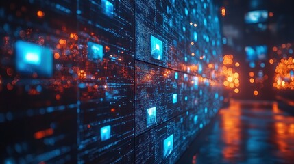 Obraz premium A futuristic corridor lined with glowing screens and data streams.