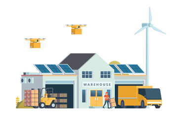 Warehouse Building with Green Sustainable Concept, Packed with Logistic Elements like Delivery Truck, Drones, and Electric Cars. Editable Vector Element on White Background