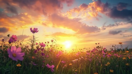 Fototapeta premium Sunset Meadow Vibrant Cosmos Flowers at Golden Hour