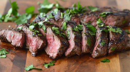 A grilled porterhouse steak displayed on a rustic wooden surface, with subtle garnishing of fresh herbs and minimal seasoning