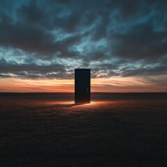 A solitary door stands in a field at sunset, surrounded by a dramatic sky and glowing light, evoking mystery and intrigue.