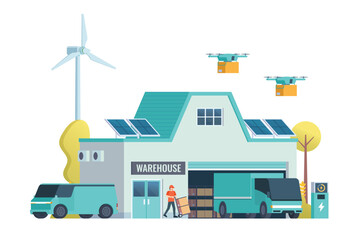Fototapeta premium Warehouse Building with Green Sustainable Concept, Packed with Logistic Elements like Delivery Truck, Drones, and Electric Cars. Editable Vector Element on White Background