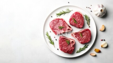 A high-angle shot of raw lamb chops arranged on a clean white plate, with rosemary sprigs and garlic cloves adding a touch of natural decoration