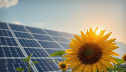 Sunflower against the background of solar panels and the sun, a symbol of clean energy and ecology. AI generation, with white tones