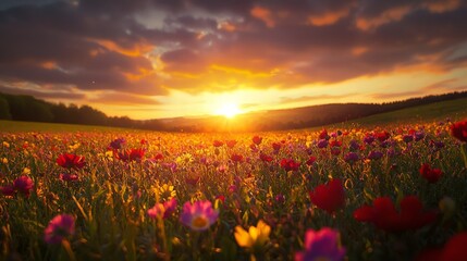 Obraz premium Sunset Wildflower Meadow Vibrant Blooms at Golden Hour