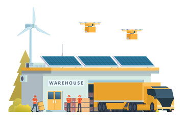 Warehouse Building with Green Sustainable Concept, Packed with Logistic Elements like Delivery Truck, Drones, and Electric Cars. Editable Vector Element on White Background