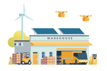 Fototapeta premium Warehouse Building with Green Sustainable Concept, Packed with Logistic Elements like Delivery Truck, Drones, and Electric Cars. Editable Vector Element on White Background