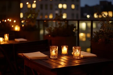 A warm and inviting rooftop dining setup at night with soft candlelight, creating a romantic atmosphere perfect for intimate gatherings or special occasions.