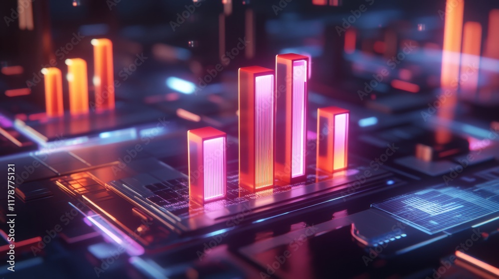 Poster A high-tech D bar chart with luminous bars arranged in a smooth, upward trend, set against a dark, futuristic financial dashboard