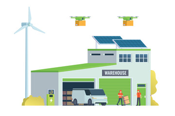 Warehouse Building with Green Sustainable Concept, Packed with Logistic Elements like Delivery Truck, Drones, and Electric Cars. Editable Vector Element on White Background