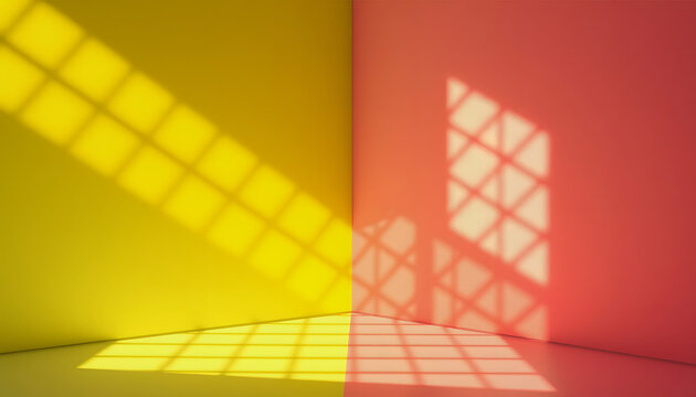 An illustration of two surfaces decorated and joined with the same multi-colored grid shadows that create the illusion that the angle is less than ninety degrees, Side lit, with white tones