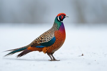 there is a colorful bird standing in the snow on the ground