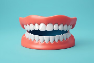 Obraz premium there is a red plastic mouth with white teeth on a blue background