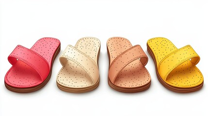 Four pairs of colorful summer sandals in a row.