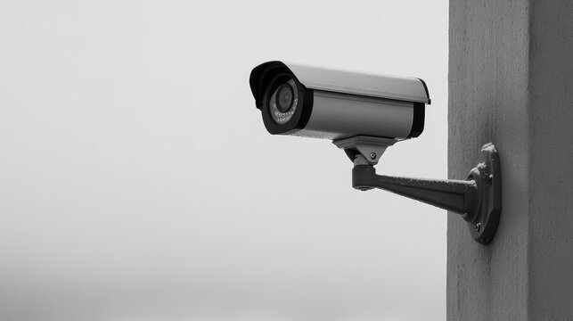 A security camera mounted on a wall, designed for surveillance and monitoring purposes.