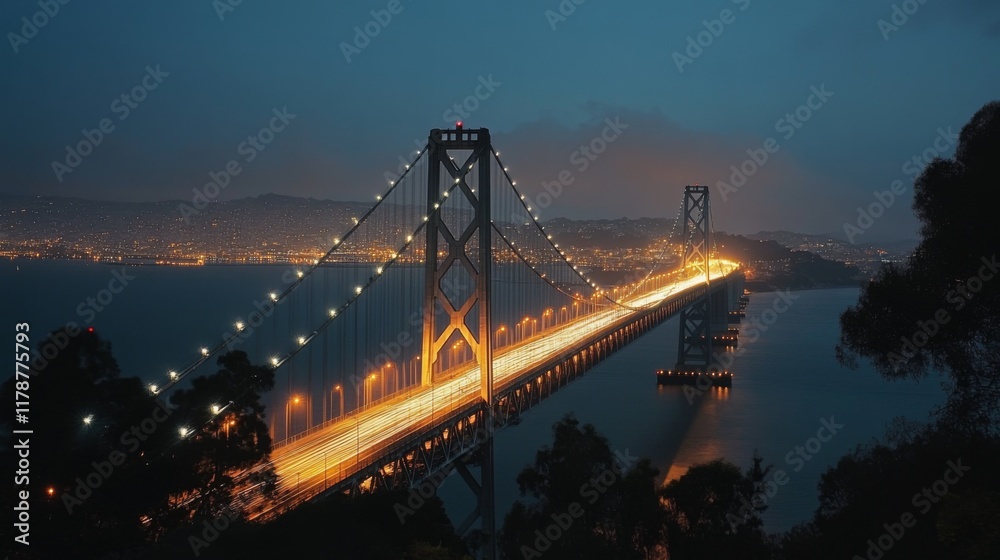 Poster a long exposure shot of a bridge at night, with light trails from passing vehicles creating a stunni