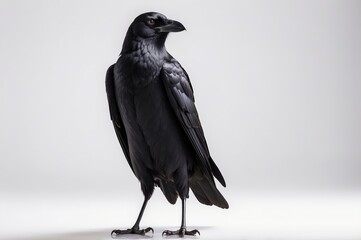 Fototapeta premium A black crow stands on a white background, viewed from the side, showcasing its sleek feathers and sharp beak.