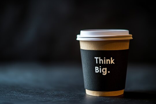 A stylish coffee cup featuring the motivational slogan "Think Big." This image embodies inspiration and creativity, perfect for startups and entrepreneurs seeking motivation.