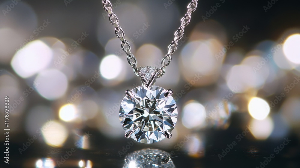 Poster a macro shot of a diamond pendant catching light, with reflections dancing around it, creating a cap