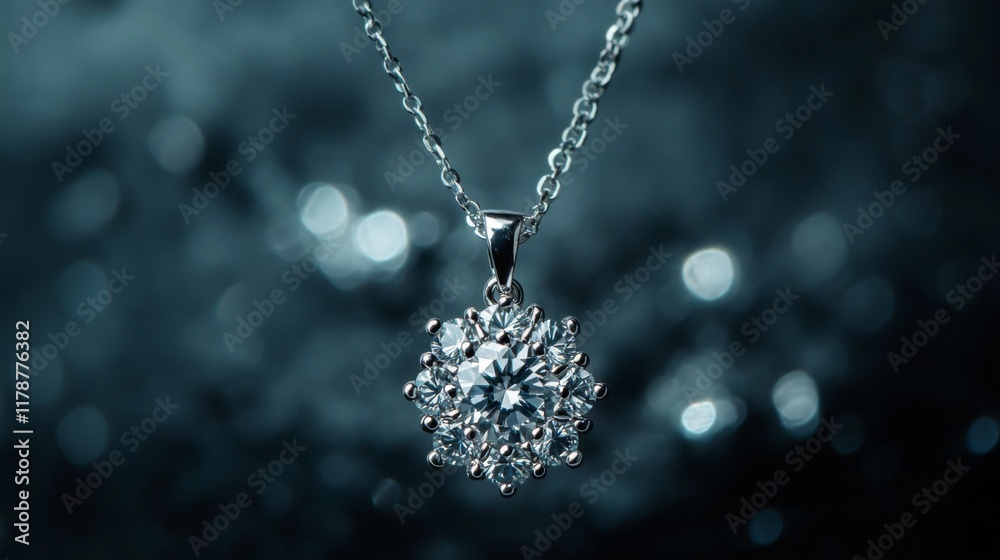 Poster a macro shot of a diamond pendant catching light, with reflections dancing around it, creating a cap