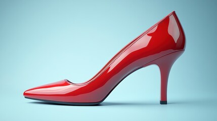 Side view of a single red high-heeled pump on a light blue background.