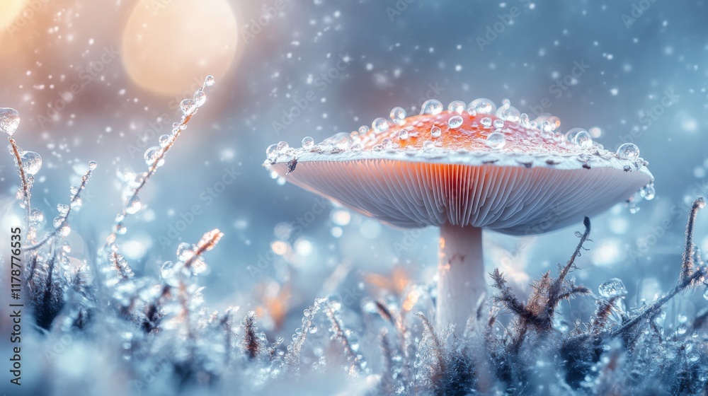 Poster a macro shot of a mushroom with clear water droplets clinging to its gills, highlighting the intrica