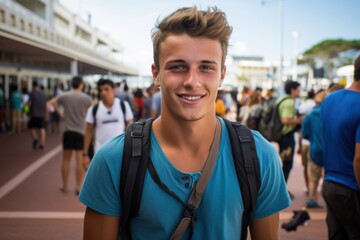 A young man wearing a blue shirt and backpack is smiling for the camera