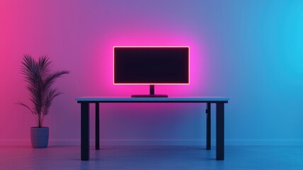 Modern workspace with a glowing monitor and plant in vibrant lighting.