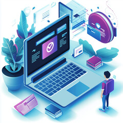 student with backpack infront of computer - concept of digital learning