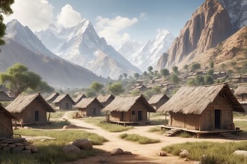 Fototapeta premium Mountain village with huts, scenic landscape.