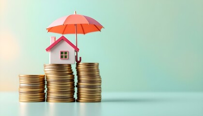 A house model positioned beneath an umbrella on a stack of coins, showcasing how insurance serves as a financial safeguard