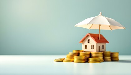 A model home featuring an umbrella on a collection of coins, demonstrating the protective role of insurance in financial planning