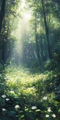 Obraz premium A tranquil forest scene with sunlight streaming through trees, illuminating a path lined with wildflowers.